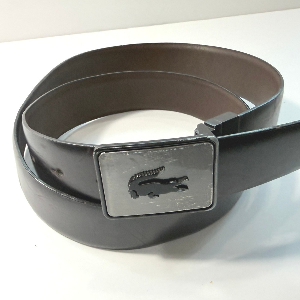 Lacoste Mens Black Leather Belt Plaque Logo Buckle Size 38 Brown Reverse 25168
